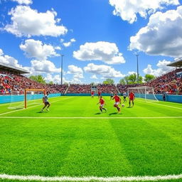 A vibrant football pitch, filled with lush green grass, perfectly manicured, with bright white lines marking the boundaries
