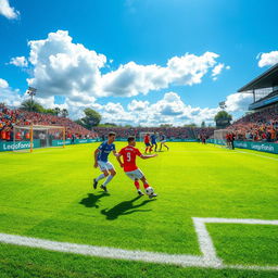 A vibrant football pitch, filled with lush green grass, perfectly manicured, with bright white lines marking the boundaries