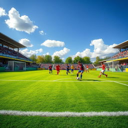 A vibrant football pitch, filled with lush green grass, perfectly manicured, with bright white lines marking the boundaries