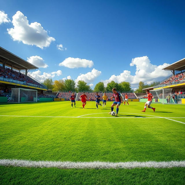 A vibrant football pitch, filled with lush green grass, perfectly manicured, with bright white lines marking the boundaries