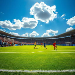 A vibrant football pitch, filled with lush green grass, perfectly manicured, with bright white lines marking the boundaries