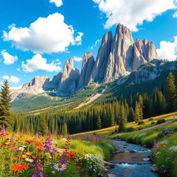 A stunning depiction of Trestivaya Mountain, highlighting its dramatic rocky peaks and dense green forests