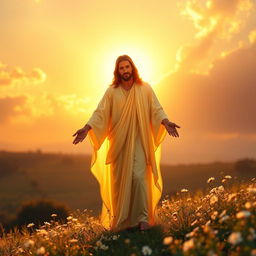 A stunning portrayal of Christ bathed in golden light, standing in a serene landscape