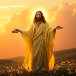 A stunning portrayal of Christ bathed in golden light, standing in a serene landscape