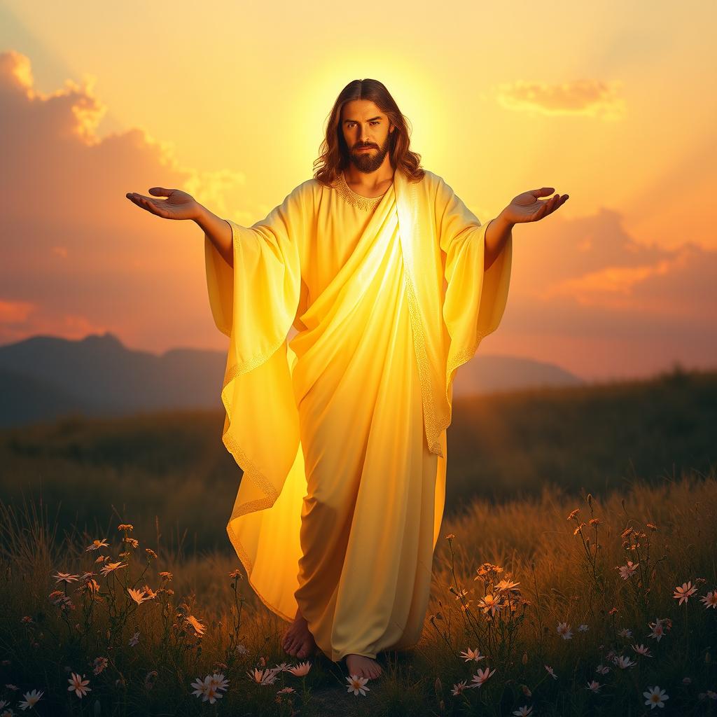 A stunning portrayal of Christ bathed in golden light, standing in a serene landscape