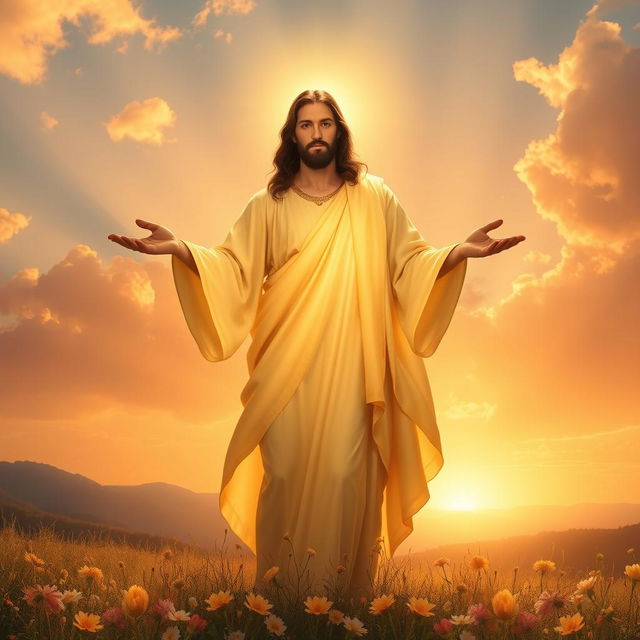 A stunning portrayal of Christ bathed in golden light, standing in a serene landscape