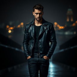 A mysterious and moody scene featuring a man standing in a dimly lit environment