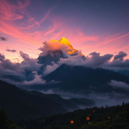 A mystical mountain landscape during twilight, covered in mist and glowing with ethereal light