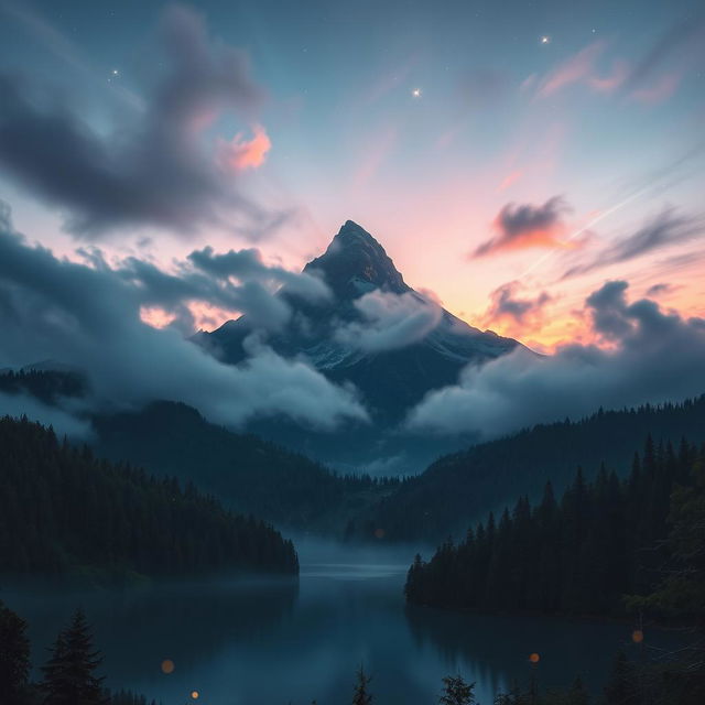 A mystical mountain landscape during twilight, covered in mist and glowing with ethereal light