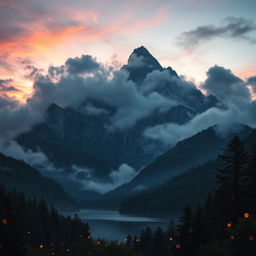 A mystical mountain landscape during twilight, covered in mist and glowing with ethereal light