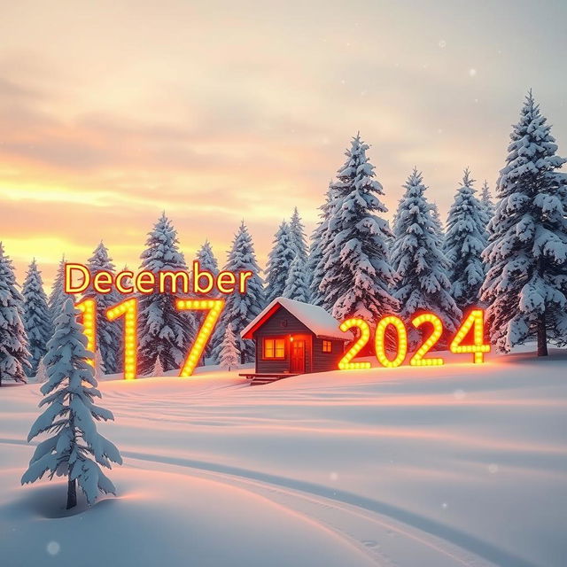 A scenic winter landscape depicting a small cozy cabin surrounded by snow-covered trees, with the date 'December 17, 2024' artistically integrated into the scene, glowing in golden letters against the snowy backdrop