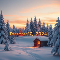 A scenic winter landscape depicting a small cozy cabin surrounded by snow-covered trees, with the date 'December 17, 2024' artistically integrated into the scene, glowing in golden letters against the snowy backdrop