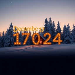 A scenic winter landscape depicting a small cozy cabin surrounded by snow-covered trees, with the date 'December 17, 2024' artistically integrated into the scene, glowing in golden letters against the snowy backdrop