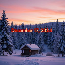 A scenic winter landscape depicting a small cozy cabin surrounded by snow-covered trees, with the date 'December 17, 2024' artistically integrated into the scene, glowing in golden letters against the snowy backdrop