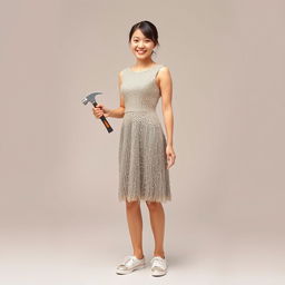 A beautiful Asian woman wearing a dress made entirely of meticulously arranged nails, resembling an elegant gown