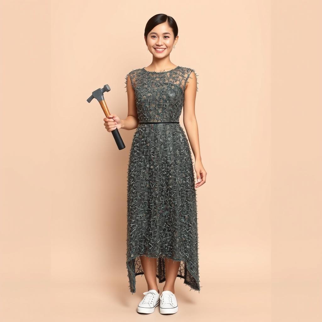A beautiful Asian woman wearing a dress made entirely of meticulously arranged nails, resembling an elegant gown