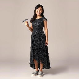 A beautiful Asian woman wearing a dress made entirely of meticulously arranged nails, resembling an elegant gown