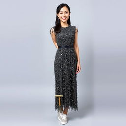 A beautiful Asian woman wearing a dress made entirely of meticulously arranged nails, resembling an elegant gown