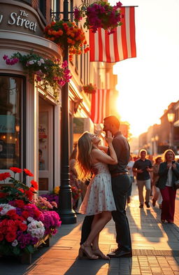 A romantic scene depicting a vibrant street corner on Cherry Street, inspired by the style of Céline Vanhoenshoven