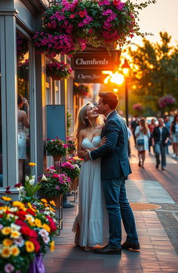 A romantic scene depicting a vibrant street corner on Cherry Street, inspired by the style of Céline Vanhoenshoven