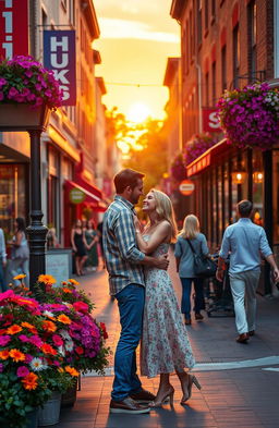 A romantic scene depicting a vibrant street corner on Cherry Street, inspired by the style of Céline Vanhoenshoven