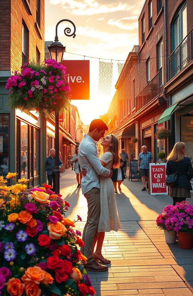 A romantic scene depicting a vibrant street corner on Cherry Street, inspired by the style of Céline Vanhoenshoven