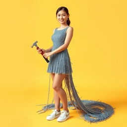 A beautiful Asian woman wearing a dress made entirely of nails, intricately arranged to resemble a stunning gown