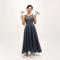 A beautiful Asian woman wearing a dress made entirely of nails, intricately arranged to resemble a stunning gown