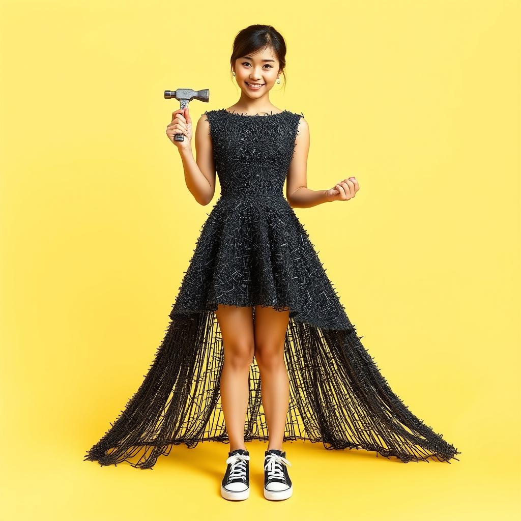 A beautiful Asian woman wearing a dress made entirely of nails, intricately arranged to resemble a stunning gown