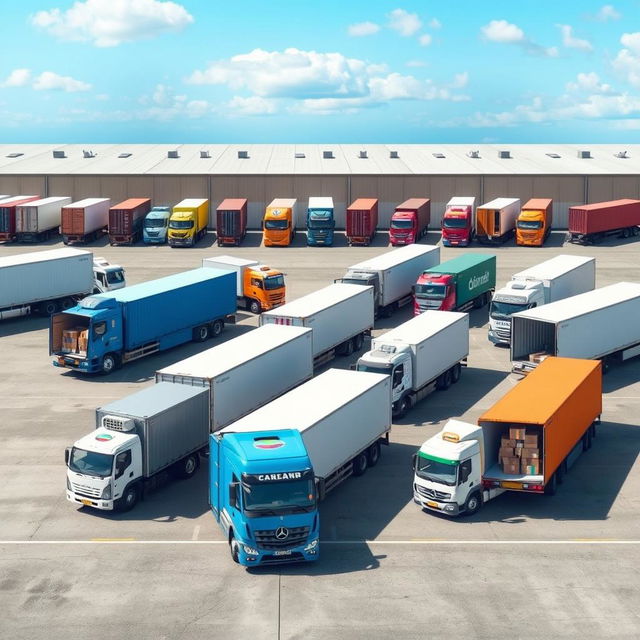 A dynamic scene featuring 12 cargo trucks parked in a vast industrial area