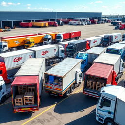 A dynamic scene featuring 12 cargo trucks parked in a vast industrial area