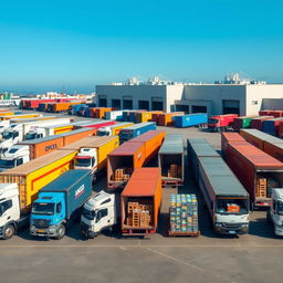 A dynamic scene featuring 12 cargo trucks parked in a vast industrial area