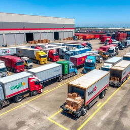 A dynamic scene featuring 12 cargo trucks parked in a vast industrial area