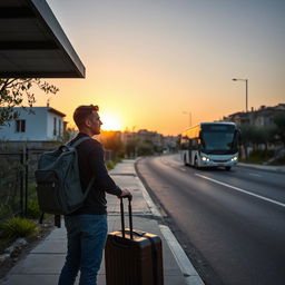 A young man named Walid, originating from the village of Abu Falah in the Ramallah area, standing at a bus stop at dawn, with a suitcase beside him, ready to depart for his studies in European universities
