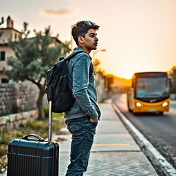 A young man named Walid, originating from the village of Abu Falah in the Ramallah area, standing at a bus stop at dawn, with a suitcase beside him, ready to depart for his studies in European universities