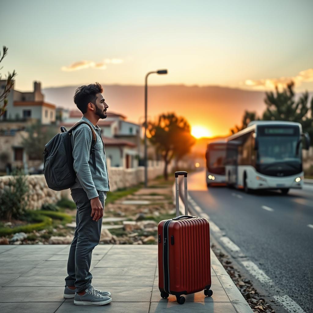 A young man named Walid, originating from the village of Abu Falah in the Ramallah area, standing at a bus stop at dawn, with a suitcase beside him, ready to depart for his studies in European universities
