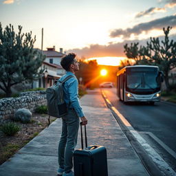 A young man named Walid, originating from the village of Abu Falah in the Ramallah area, standing at a bus stop at dawn, with a suitcase beside him, ready to depart for his studies in European universities