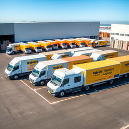 A vibrant scene showcasing 12 delivery trucks from a logistics company, all lined up in a well-organized parking lot