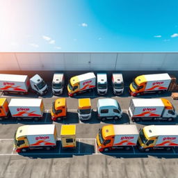 A vibrant scene showcasing 12 delivery trucks from a logistics company, all lined up in a well-organized parking lot