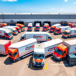 A vibrant scene showcasing 12 delivery trucks from a logistics company, all lined up in a well-organized parking lot