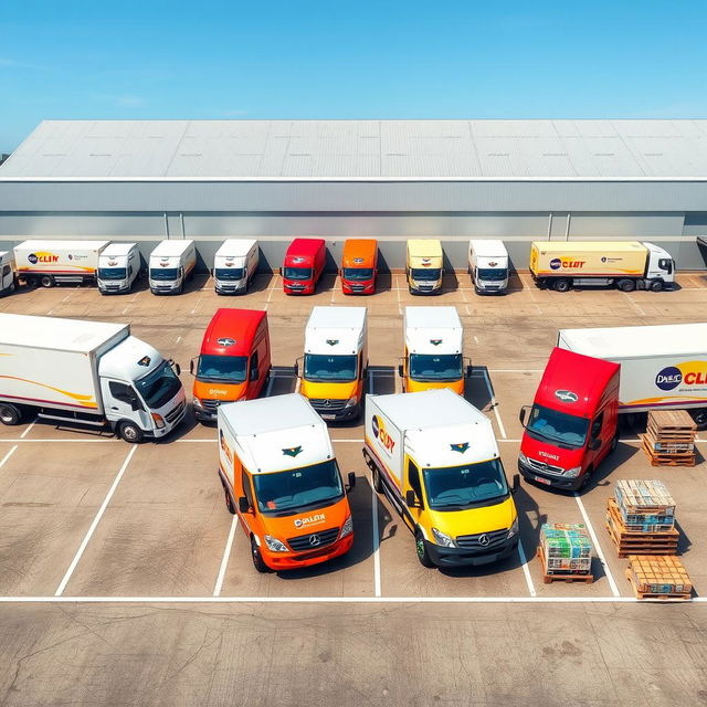 A vibrant scene showcasing 12 delivery trucks from a logistics company, all lined up in a well-organized parking lot