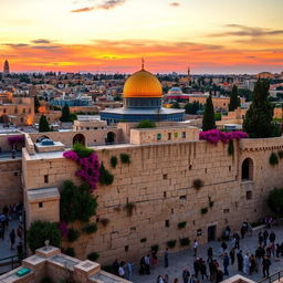 A breathtaking view of Jerusalem at sunset, showcasing the iconic Dome of the Rock with its golden dome, surrounded by ancient stone architecture, vibrant bougainvillea flowers, and the bustling streets filled with diverse people