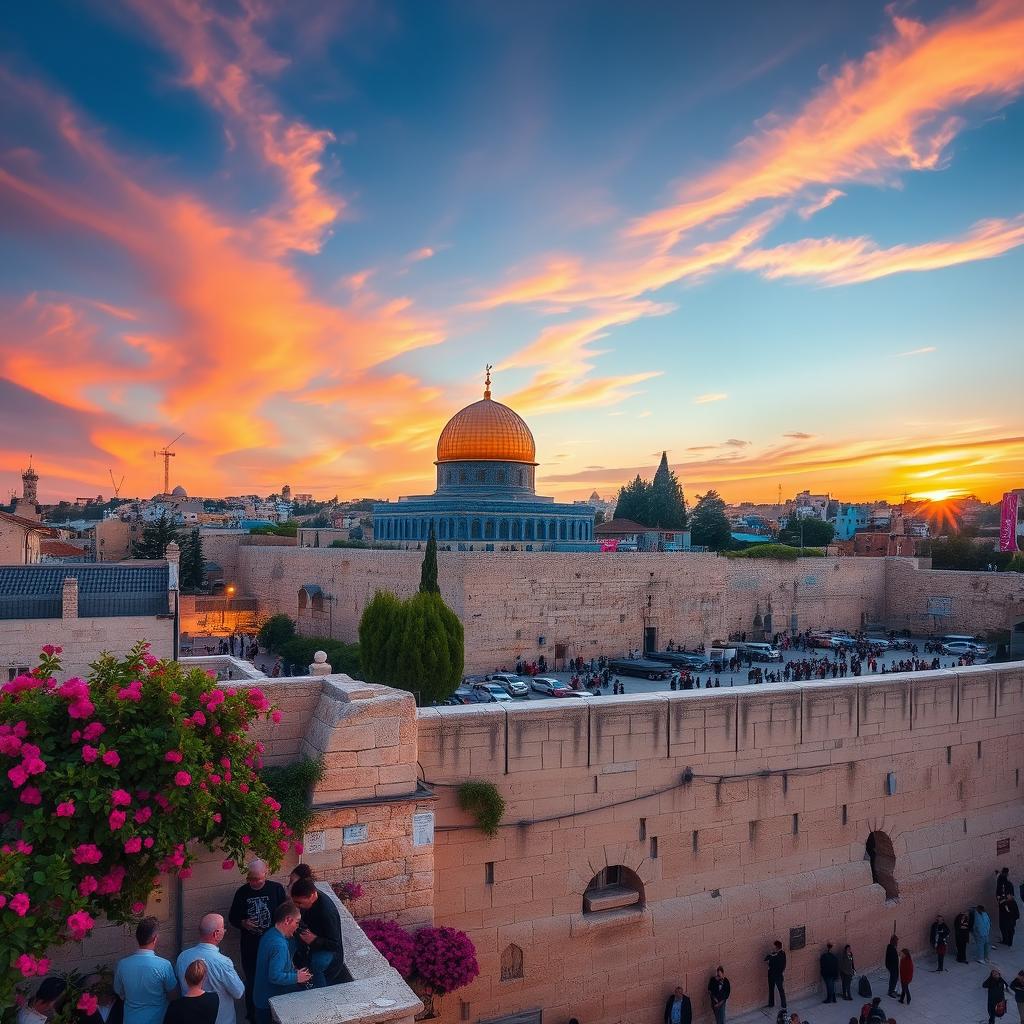 A breathtaking view of Jerusalem at sunset, showcasing the iconic Dome of the Rock with its golden dome, surrounded by ancient stone architecture, vibrant bougainvillea flowers, and the bustling streets filled with diverse people