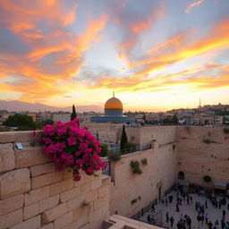 A breathtaking view of Jerusalem at sunset, showcasing the iconic Dome of the Rock with its golden dome, surrounded by ancient stone architecture, vibrant bougainvillea flowers, and the bustling streets filled with diverse people