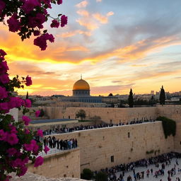 A breathtaking view of Jerusalem at sunset, showcasing the iconic Dome of the Rock with its golden dome, surrounded by ancient stone architecture, vibrant bougainvillea flowers, and the bustling streets filled with diverse people