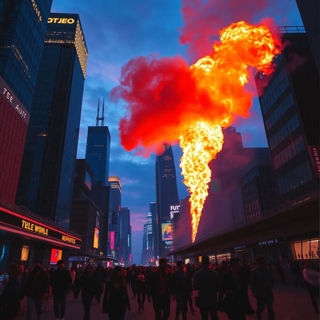 A dynamic scene in a futuristic cityscape, featuring towering skyscrapers made of glass and metal, illuminated by neon lights