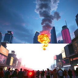 A dynamic scene in a futuristic cityscape, featuring towering skyscrapers made of glass and metal, illuminated by neon lights