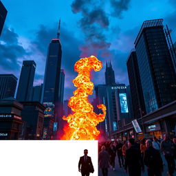 A dynamic scene in a futuristic cityscape, featuring towering skyscrapers made of glass and metal, illuminated by neon lights
