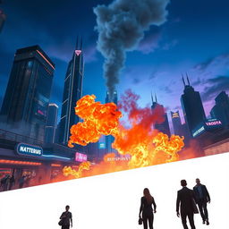 A dynamic scene in a futuristic cityscape, featuring towering skyscrapers made of glass and metal, illuminated by neon lights