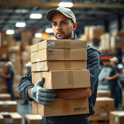 A focused individual embracing a stack of shipping boxes tightly, showcasing a variety of sizes